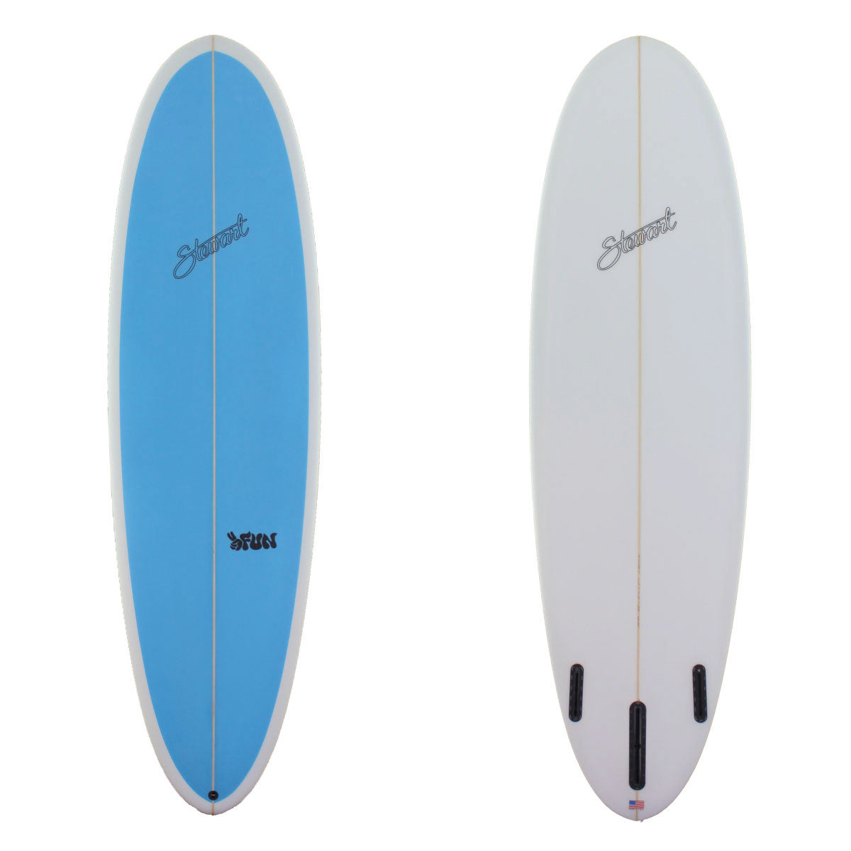 Stewart Surfboards 6'6" 2FUN mid-length surfboard with painted solid blue deck and white bottom