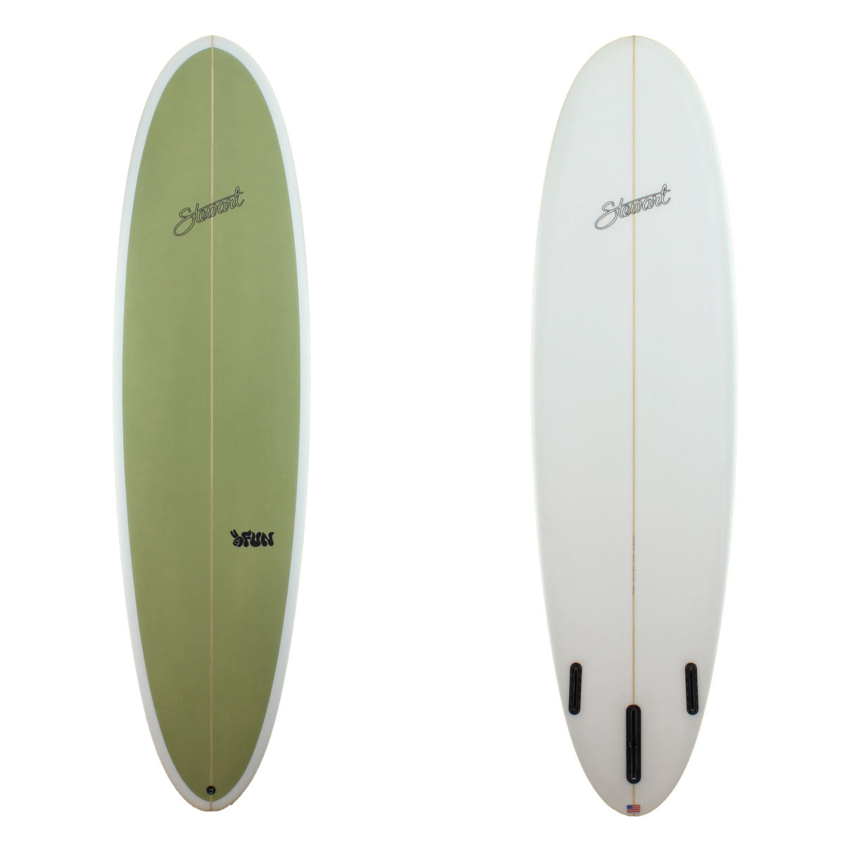 Stewart Surfboards 7'4" 2FUN mid-length surfboard with green deck and white bottom and rails