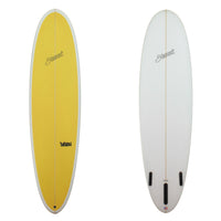 Deck and bottom view of a stewart 2fun mid length with a yellow deck and no color work on the rails or the bottom sand finish