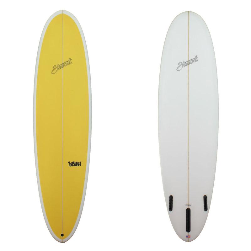 Deck and bottom view of a stewart 2fun mid length with a yellow deck and no color work on the rails or the bottom sand finish 