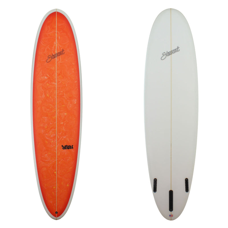 a stewart 2fun mid length with an orange swirl on the deck