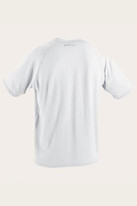 White t-shirt with brand logo on a light gray background