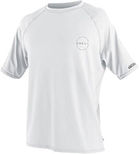 White short-sleeve shirt with branding on a white background