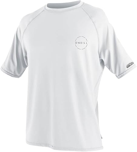 White short-sleeve shirt with branding on a white background
