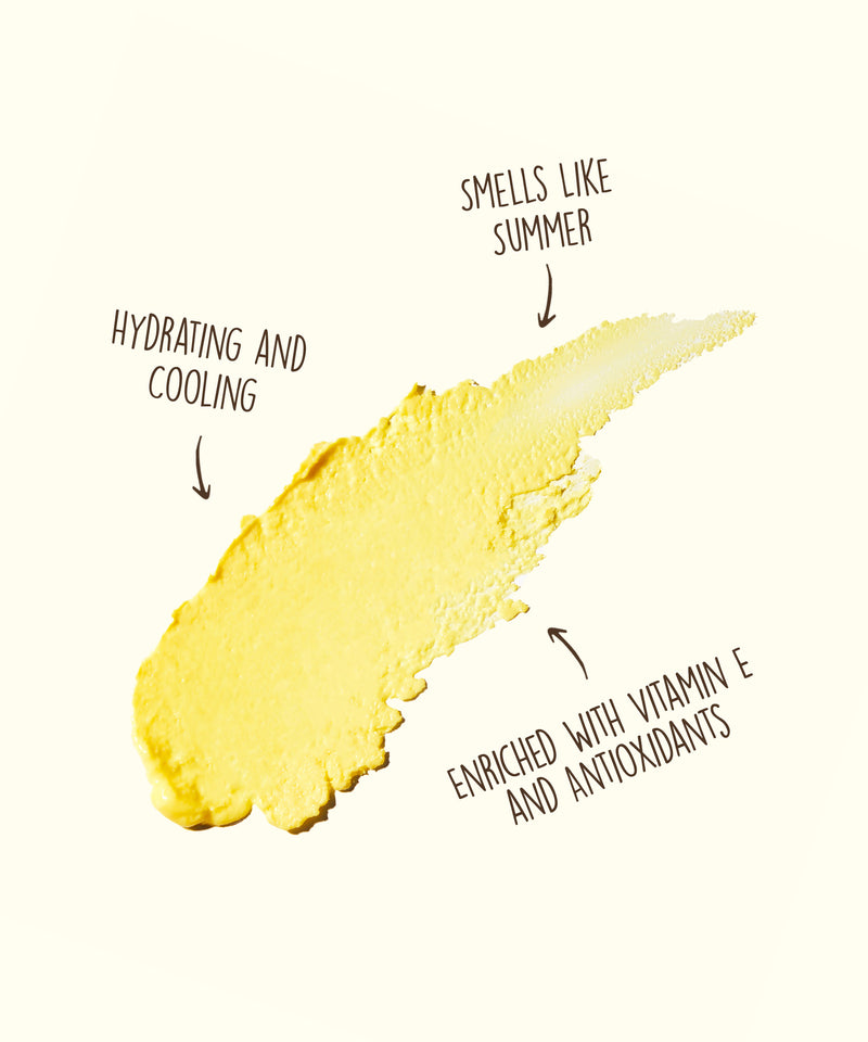 Yellow cream swatch with text describing its properties on a white background