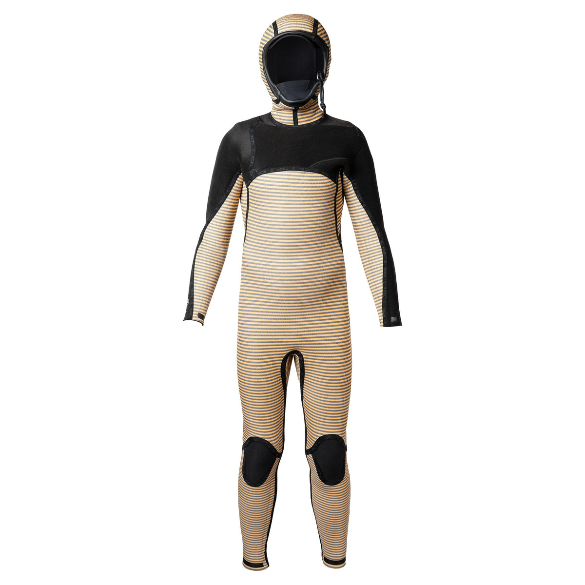 Wetsuit with black and beige striped pattern on a white background