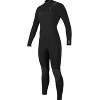 A black full-body wetsuit with long sleeves and integrated leg panels, shown on a plain light gray background.