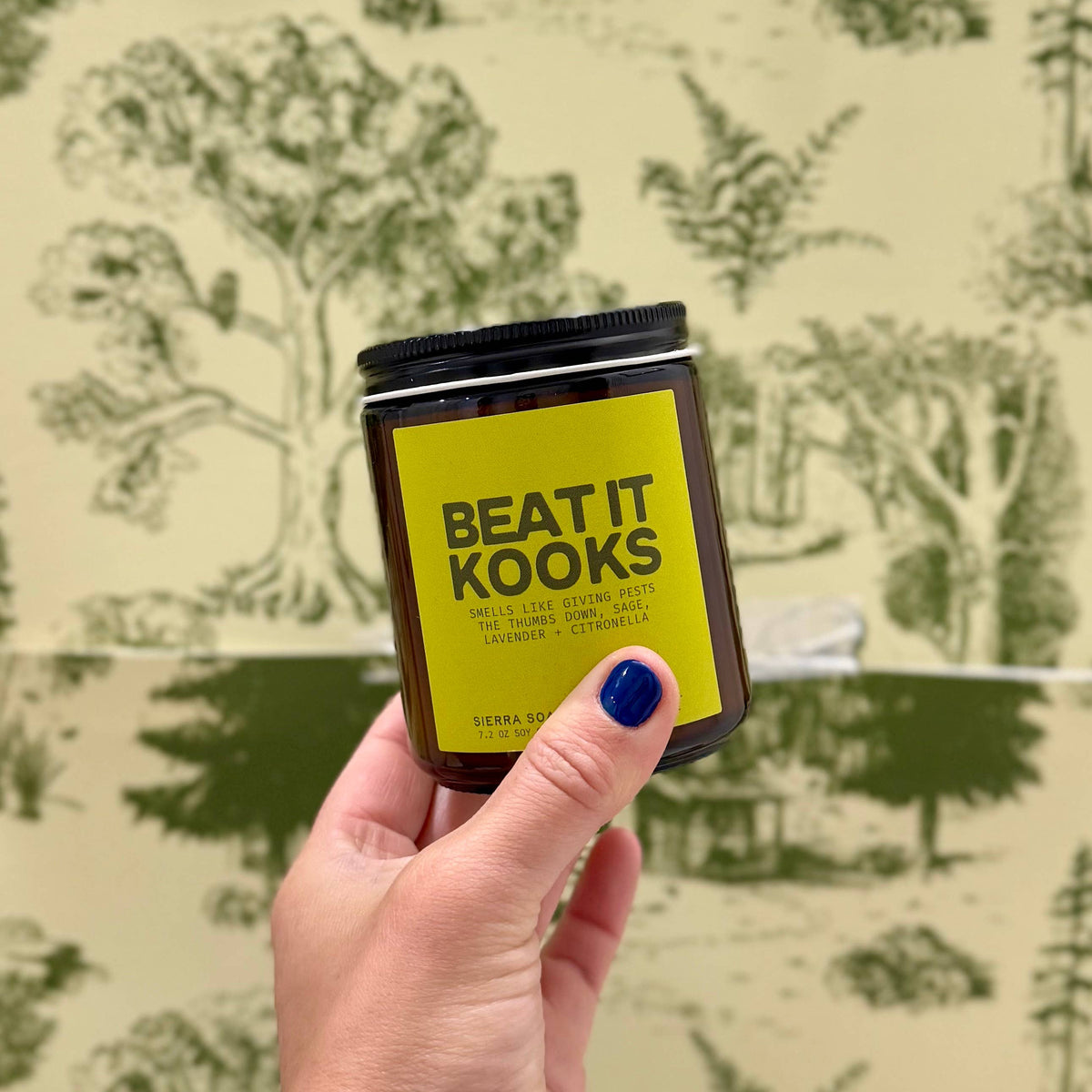 Hand holding a jar labeled 'Beat It Kooks' against a patterned background