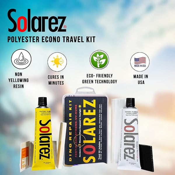 Solarez polyester econo travel kit with product packaging and features on a blurred outdoor background