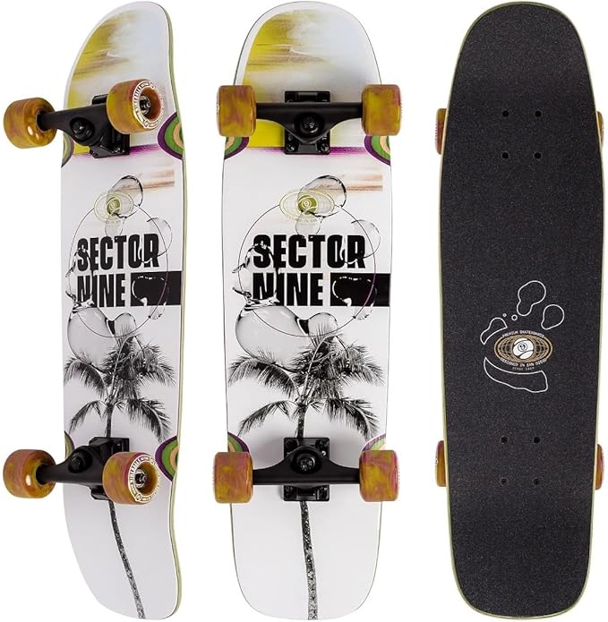 Skateboard with 'Sector Nine' branding and palm tree design on a white background