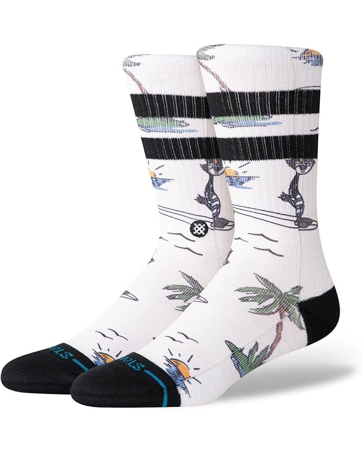 Stance Socks. White socks with black accents and tropical design on a white background
