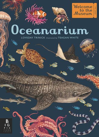Book cover of 'Oceanarium' with illustrations of marine life on a dark background
