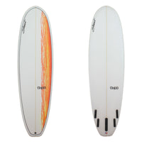 Deck and Bottom view of a stewart 949 mid length with a sand finish and a orange and yellow paint drip down the right side of the board on the deck and no color work on the bottom