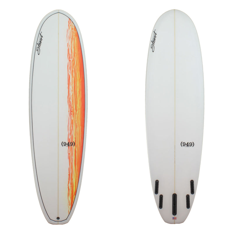 Deck and Bottom view of a stewart 949 mid length with a sand finish and a orange and yellow paint drip down the right side of the board on the deck and no color work on the bottom 