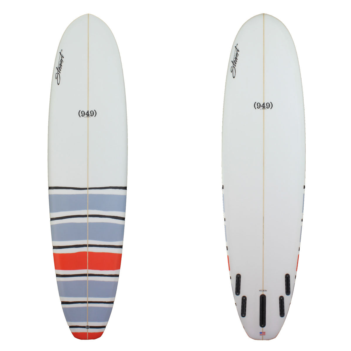 Deck and Bottom View of a Stewart 949 mid length with black grey and red stripes on the bottom half of the board sand finish 