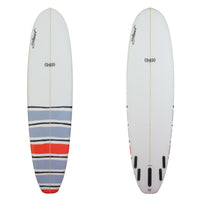 Deck and Bottom View of a Stewart 949 mid length with black grey and red stripes on the bottom half of the board sand finish