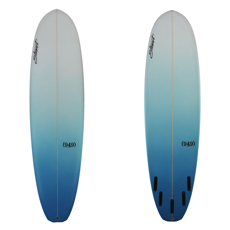 deck and bottom view of a stewart 949 midlength with a blue tail dip fading into white sand finish 