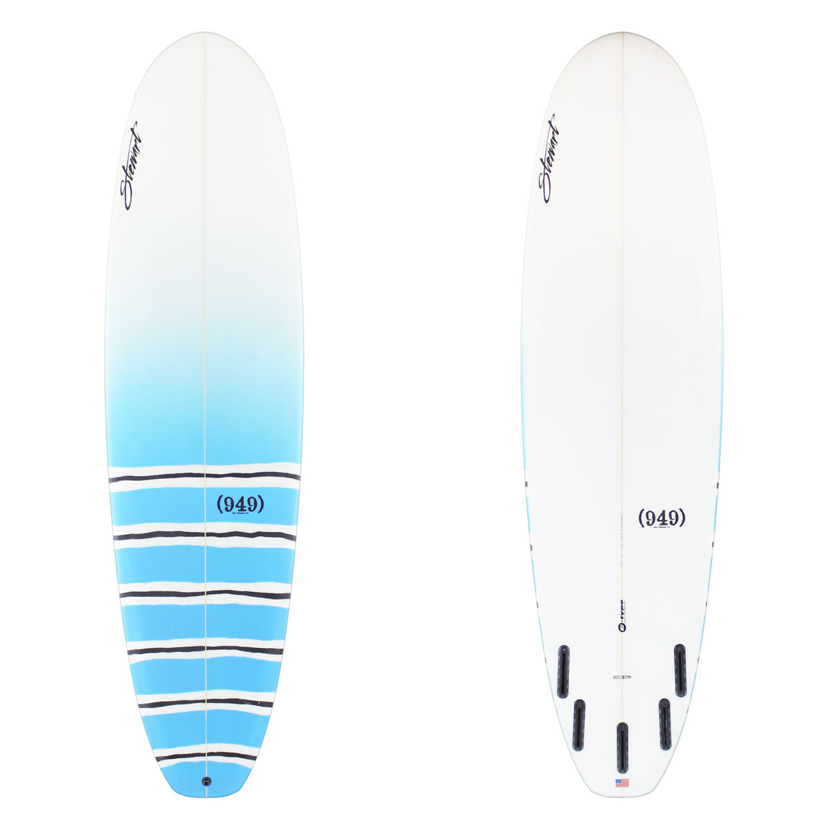 Stewart Mid-Length 7'0" (949) (7'0", 22", 2 3/4") B#129366 with blue and black stripes on the deck