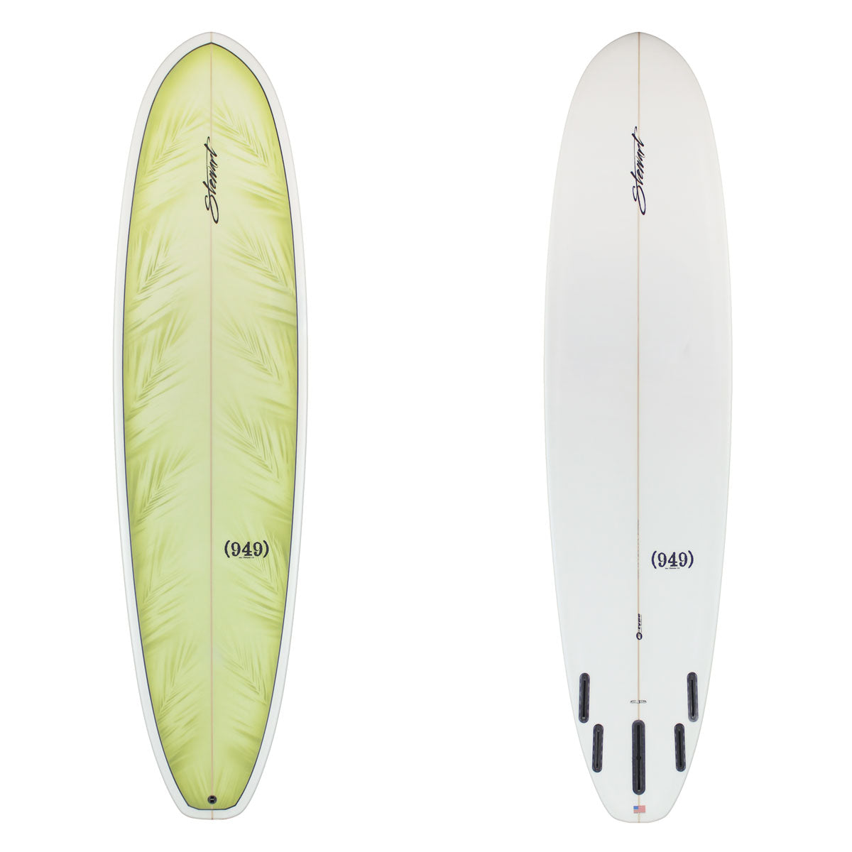 Two surfboards, one green and one white, on a white background