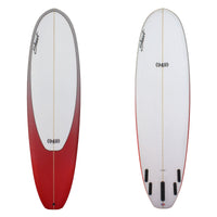 Stewart Surfboard 7'6" (949) (7'6", 22 1/2", 2 7/8") B#128062 with Red tail dip on the deck that has a gray fade on the rails