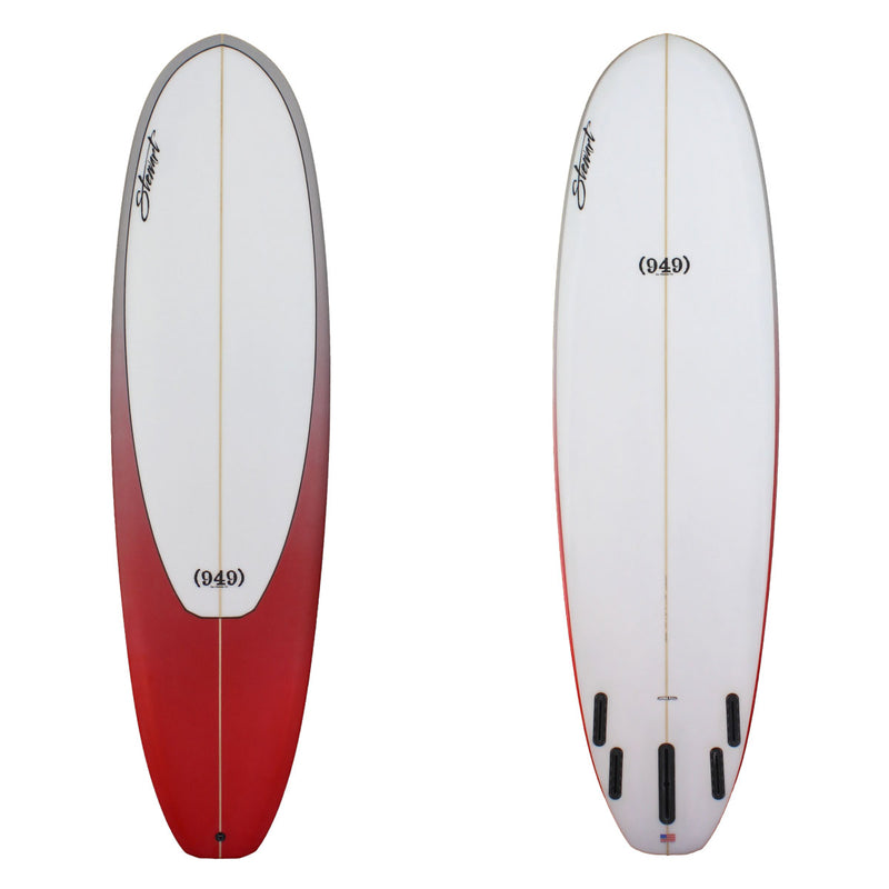 Stewart Surfboard 7'6" (949) (7'6", 22 1/2", 2 7/8") B#128062 with Red tail dip on the deck that has a gray fade on the rails