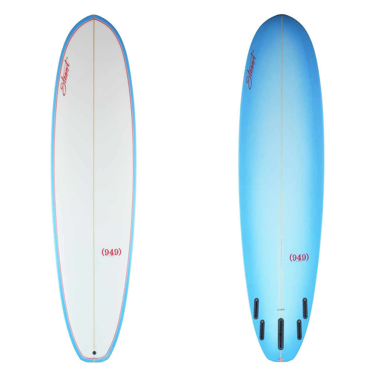 Stewart (949) 7'6" x22 1/2" x2 7/8" Poly with a light blue bottom and light blue rails on the deck with red pin stripe
