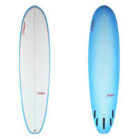 Stewart (949) 7'6" x22 1/2" x2 7/8" Poly with a light blue bottom and light blue rails on the deck with red pin stripe