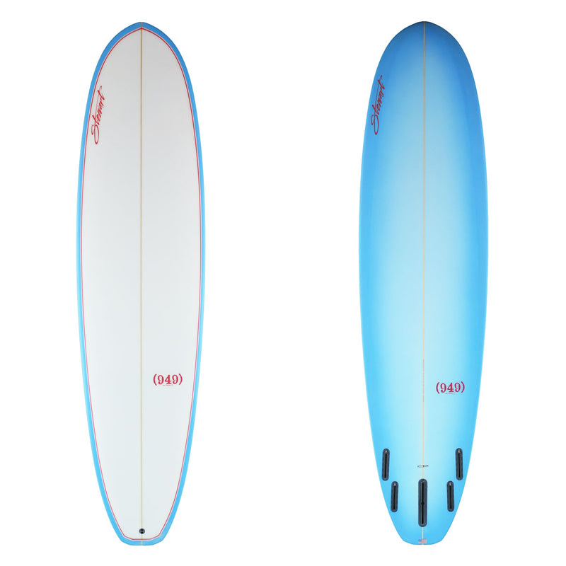 Stewart (949) 7'6" x22 1/2" x2 7/8" Poly with a light blue bottom and light blue rails on the deck with red pin stripe