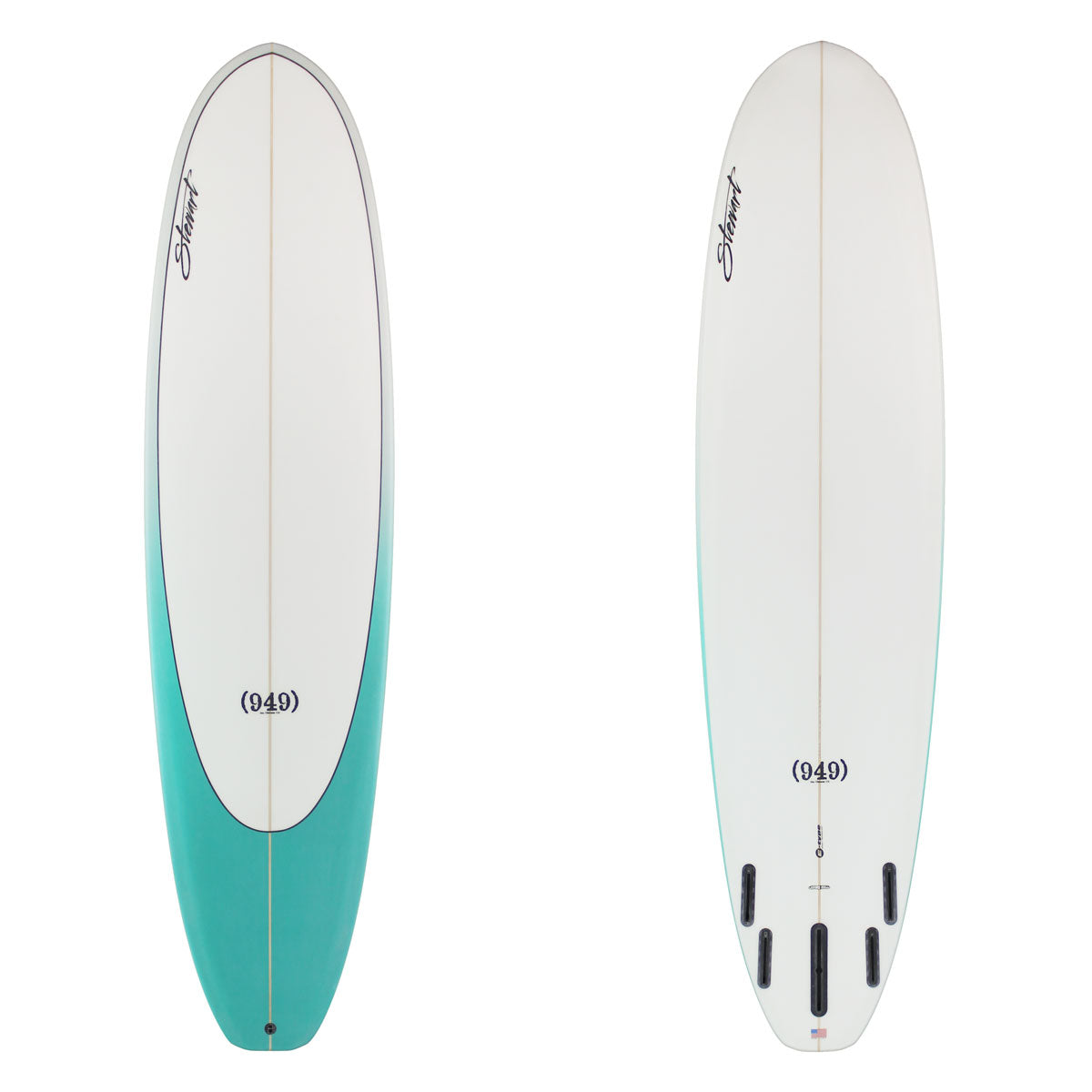 Stewart (949) Comp. B#129158 EPS 7'6'X22 1/2" X 2 7/8". Black Logos and Boxes. The deck has a light Gray to Light Blue teardrop design and the bottom is white.