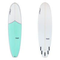 Surfboard with white and teal design on a white background