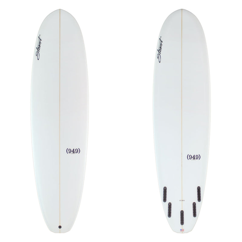 Two white surfboards with branding and model numbers on a white background