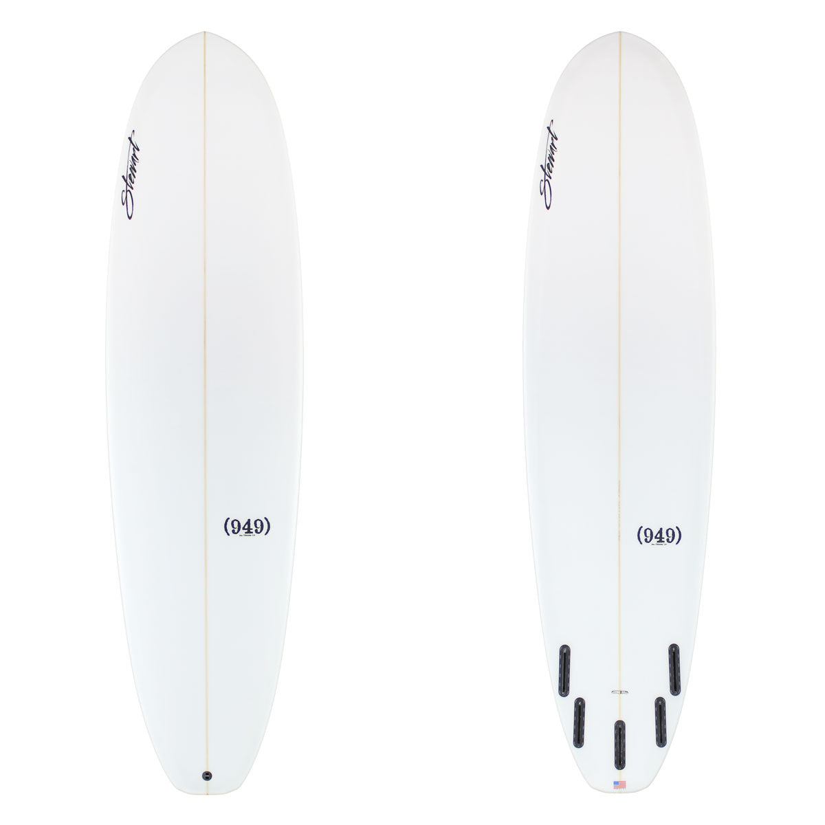 Two white surfboards with branding and model numbers on a white background