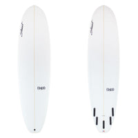 Two white surfboards with branding and model numbers on a white background