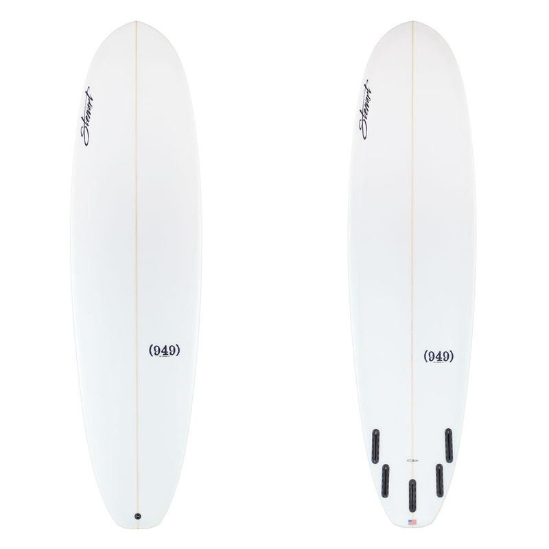 Two white surfboards with branding and model numbers on a white background