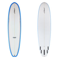 Stewart Mid-Length 7'6" (949) (7'6", 22 1/2", 2 7/8") B#129529 with a blue rail and black pin on the deck