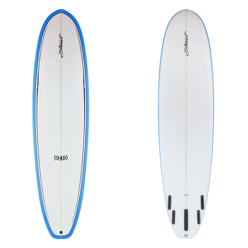 Stewart Mid-Length 7'6" (949) (7'6", 22 1/2", 2 7/8") B#129529 with a blue rail and black pin on the deck