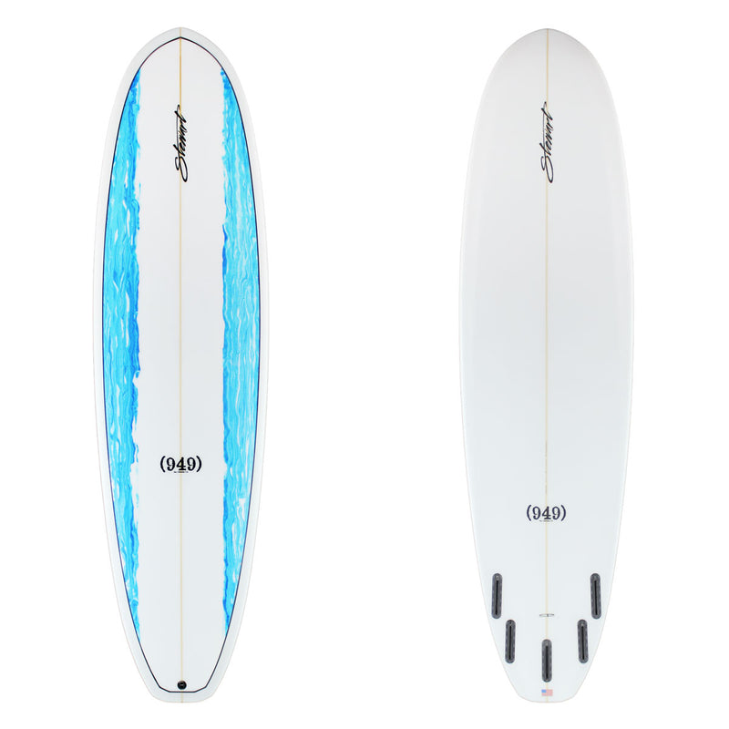 Two views of a surfboard with blue and white design on a white background