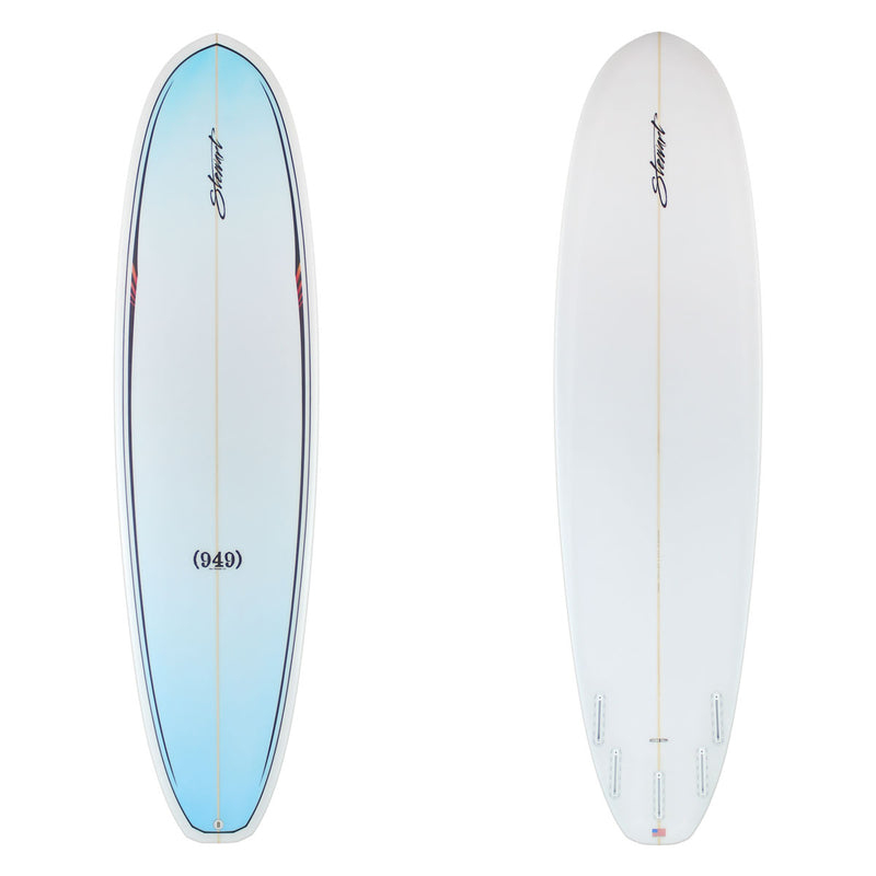 Stewart Mid-Length 7'2" (949) (7'2", 22", 2 3/4") B#129654 with a blue fade panel with red and black spears on the deck