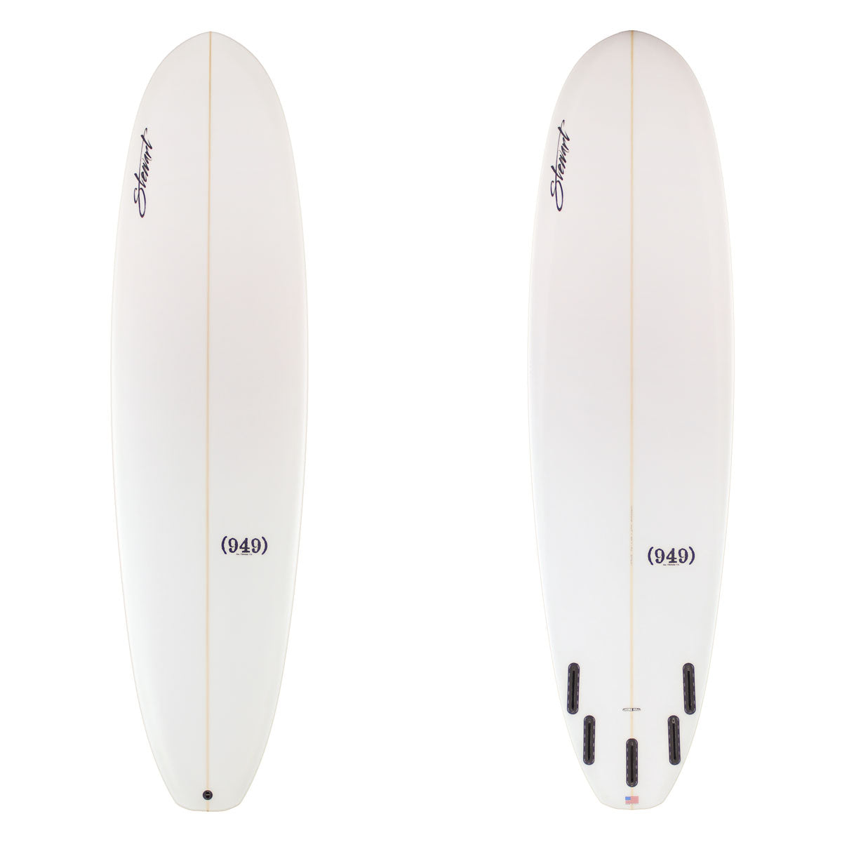 Two white surfboards with branding and model numbers on a white background