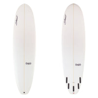 Two white surfboards with branding and model numbers on a white background