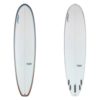 Stewart Mid-Length 8'0" (949) (8'0", 23", 3") B#129908 with black rails and a rainbow spray outlining the rails on the deck