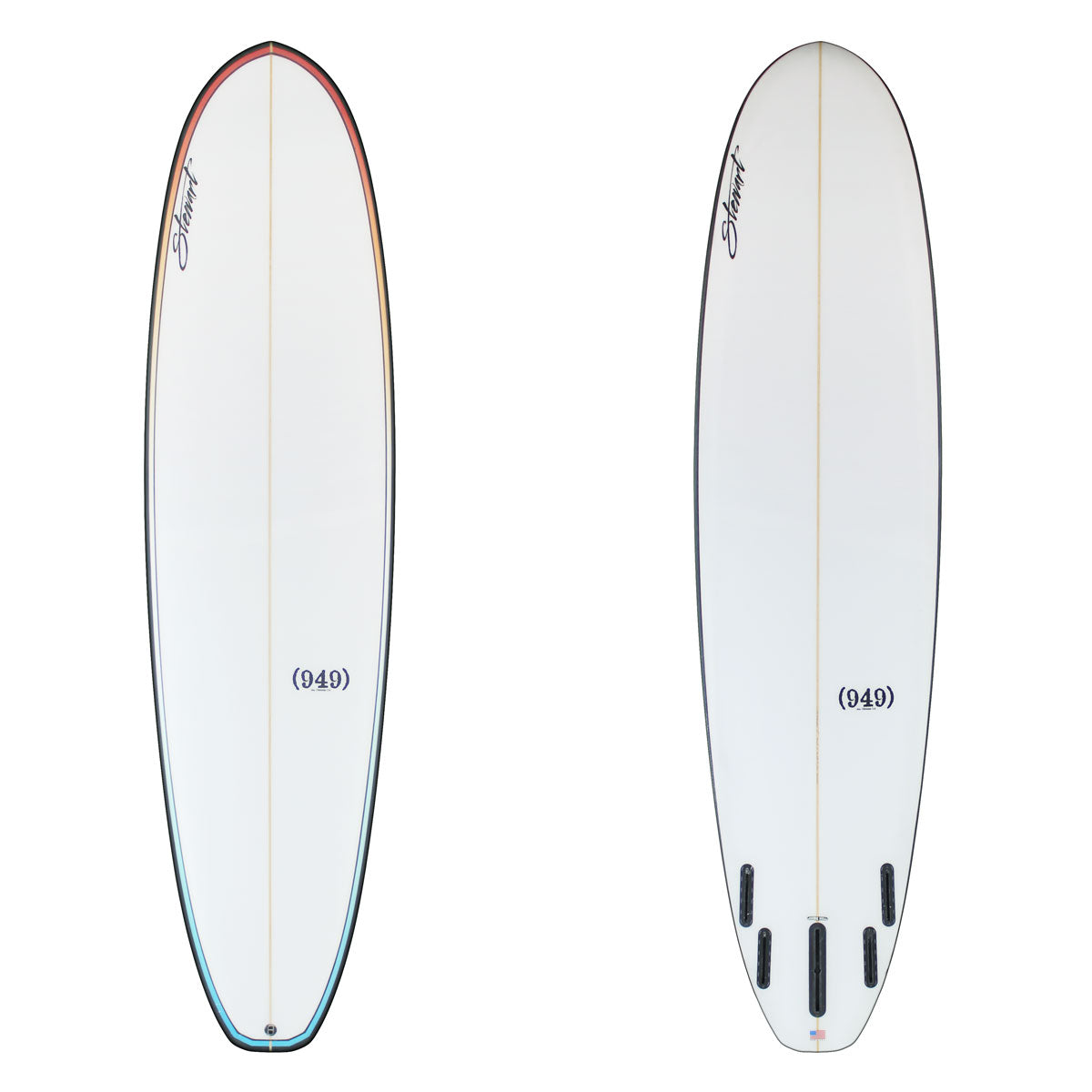 Stewart Mid-Length 7'6" (949) (7'6", 22 1/2", 2 7/8") B#130076 with black rails and a rainbow pin line around the deck of the board