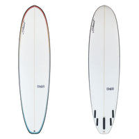 Stewart Mid-Length 7'6" (949) (7'6", 22 1/2", 2 7/8") B#130076 with black rails and a rainbow pin line around the deck of the board