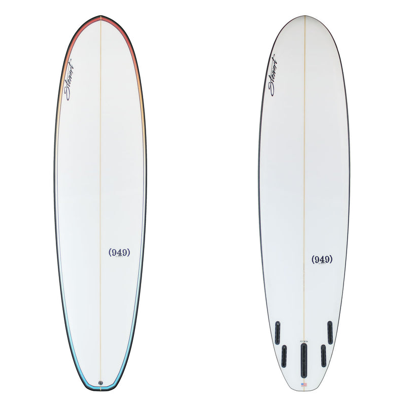 Stewart Mid-Length 7'6" (949) (7'6", 22 1/2", 2 7/8") B#130076 with black rails and a rainbow pin line around the deck of the board