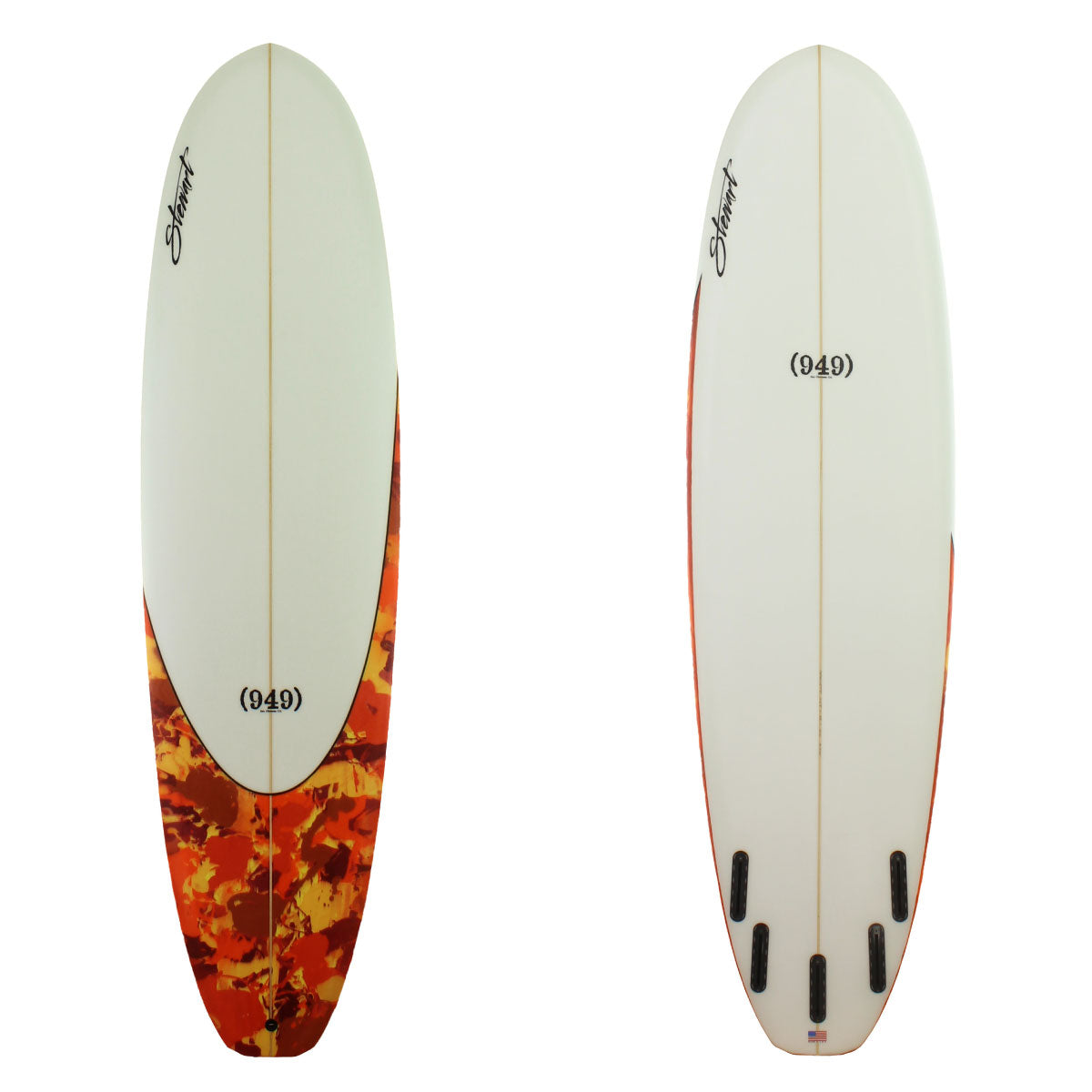 Stewart Surfboards (949) mid-length surfboard with red, orange, yellow abstract painted deck panel, and clear white bottom