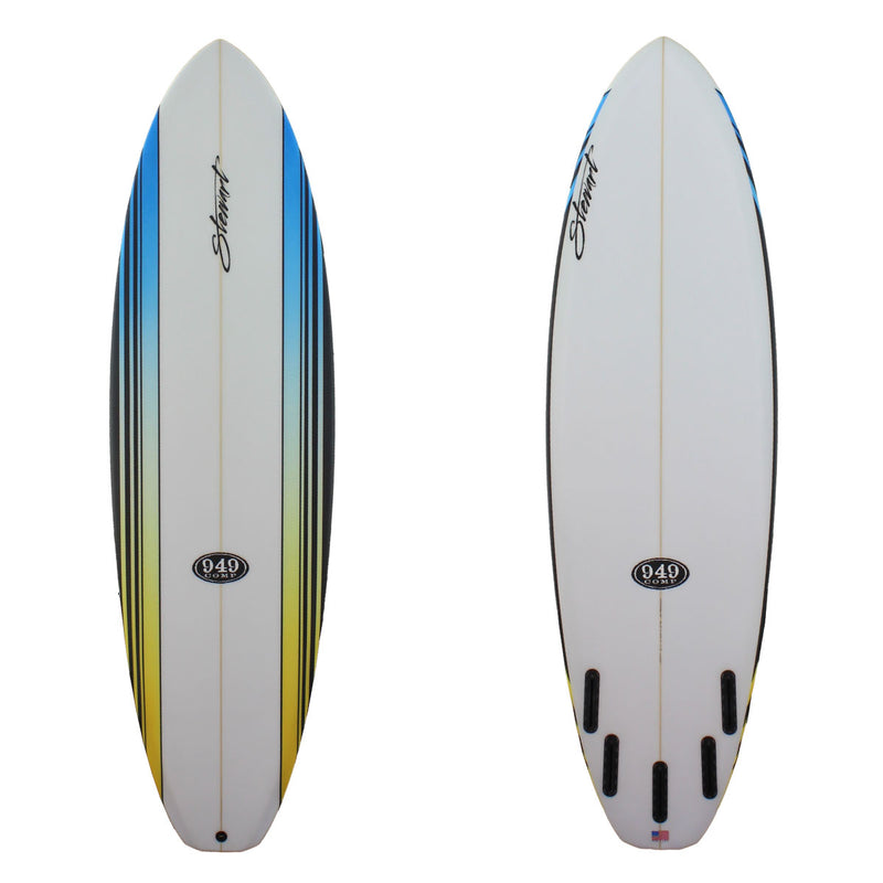 Stewart Surfboards 6'0" 949-Comp with blue fade to yellow stripes and black stripes on deck and clear white bottom