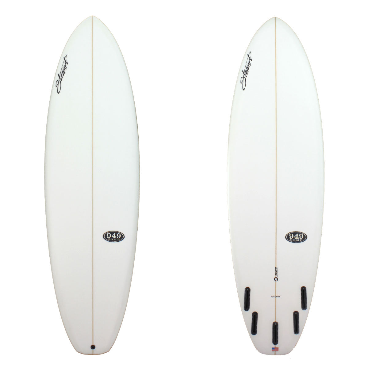 deck and bottom view of a clear epoxy 949 comp model surfboard