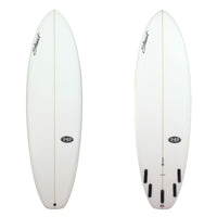 deck and bottom view of a clear epoxy 949 comp model surfboard