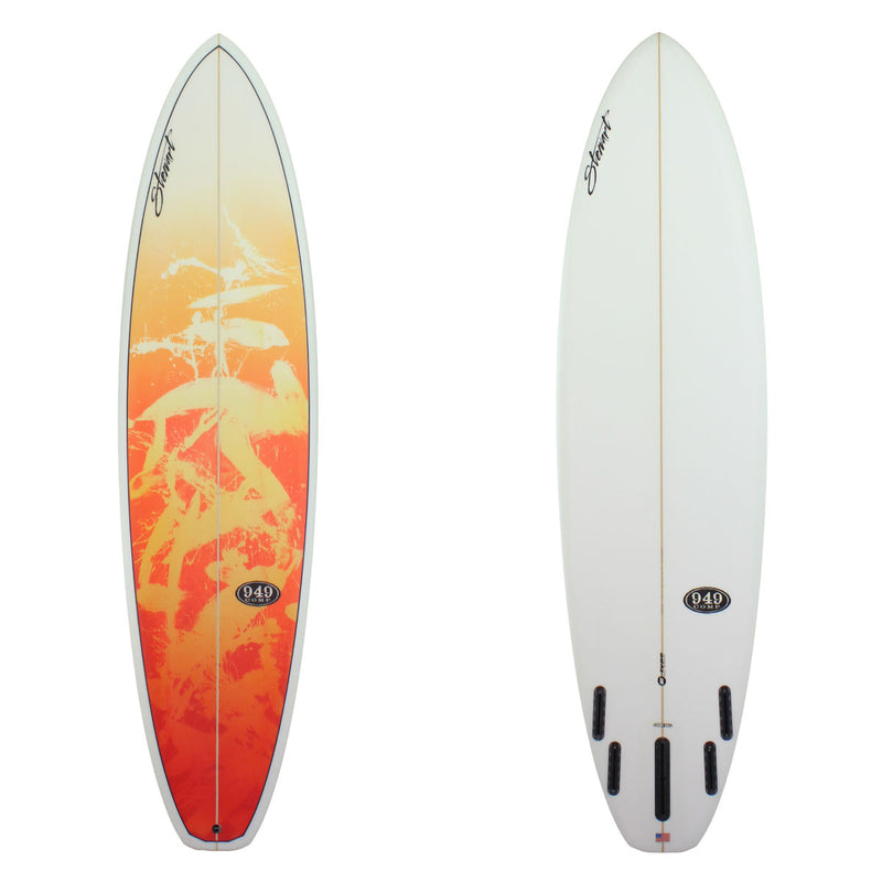 Deck and Bottom View of a stewart 949c with a red and orange paint splash on the deck and no colorwork on the bottom sand finish 