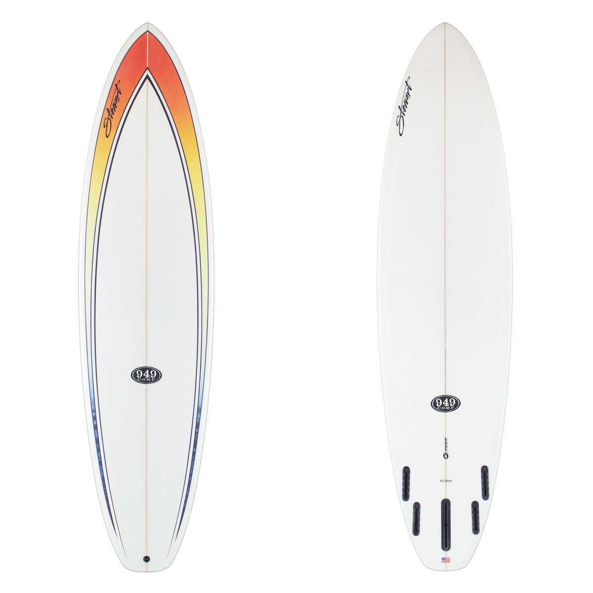 Stewart Mid-Length 7'6" 949-Comp (7'6", 22 1/2", 2 7/8") B#129393 with a red to blue fade spear on the deck